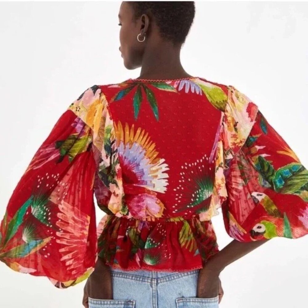 FARM Rio Red Tropical Ruffled V-Neck Blouse - Picture 3 of 11